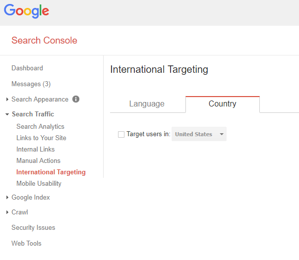 Screenshot of targeting options in Google Search Console